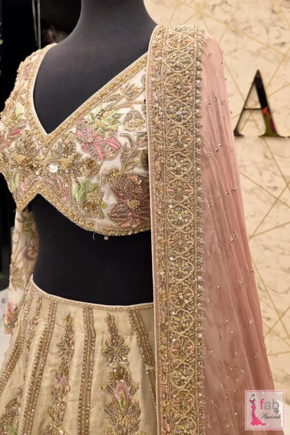 Close-up of zardozi and dabka embroidery on pure raw silk choli