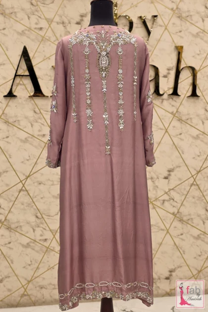 FAB By AMIRAH 7 Back profile showing detailed hand-stitched neckline motif on formal silk tunic