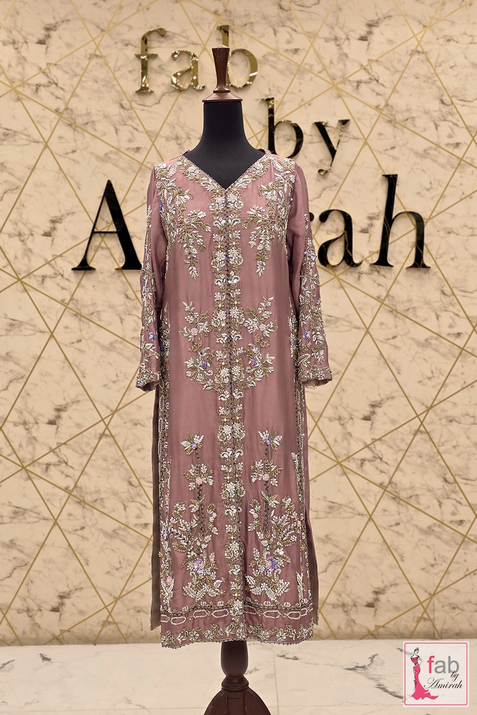 Exquisite Mauve Raw Silk Luxury Formal Kameez — 2026 Collection 1 Mauve raw silk luxury formal kameez with antique silver handwork by Fab By Amirah