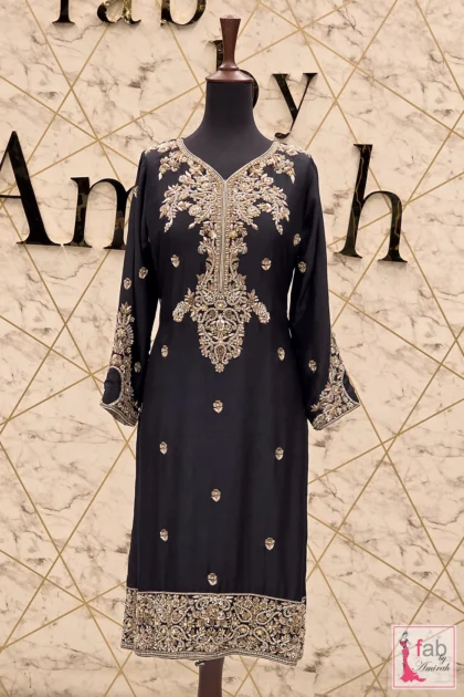 FAB By AMIRAH 4 Black raw silk embroidered shirt with premium antique gold bodice handwork by Fab By Amirah