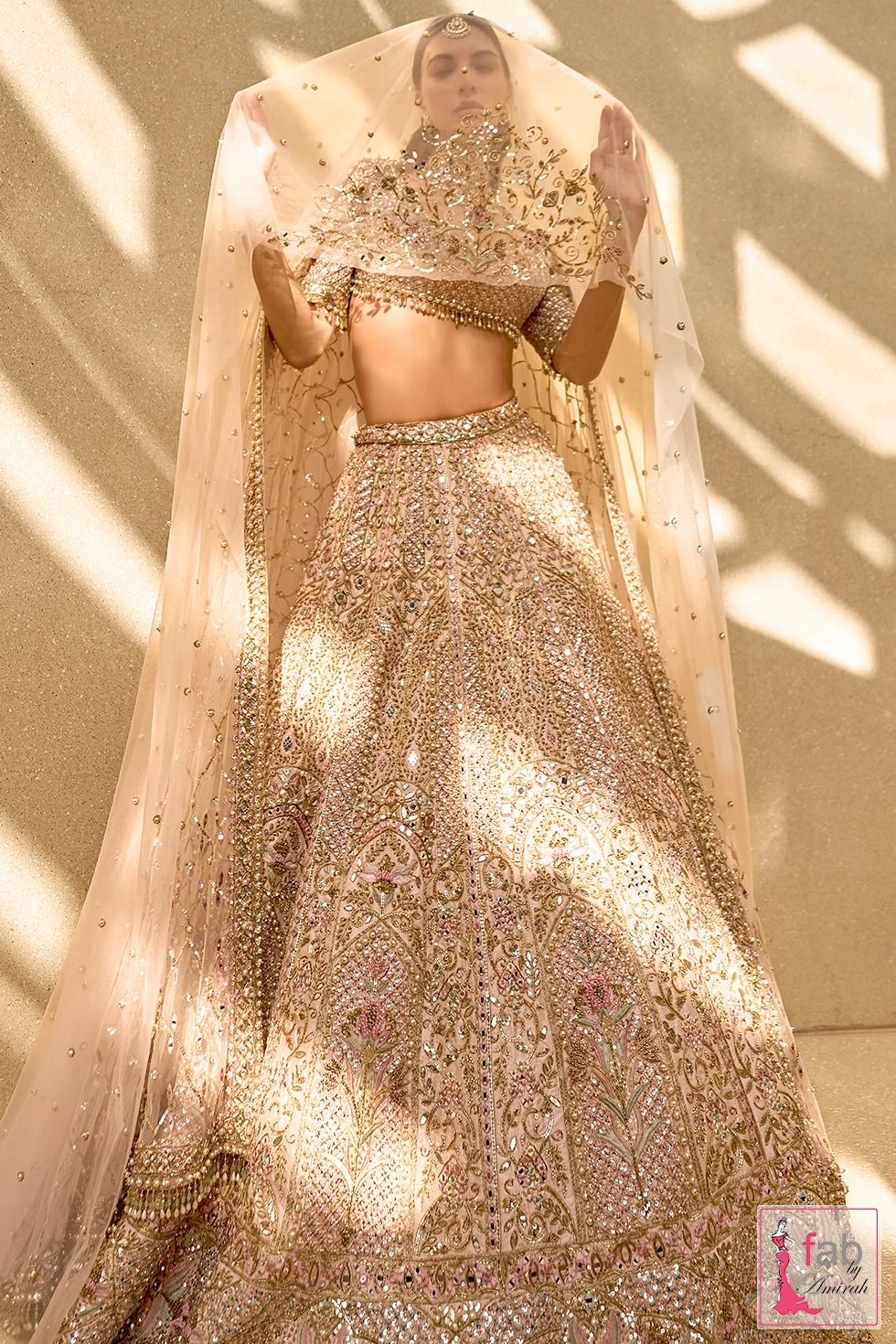 Model wearing embroidered choli blouse with cut work neckline under translucent dupatta Model wearing embroidered choli blouse with cut work neckline under translucent dupatta