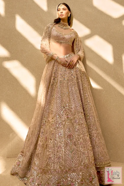FAB By AMIRAH 4 Baby pink bridal lehenga featuring hand embroidered zardozi and gold pearl details