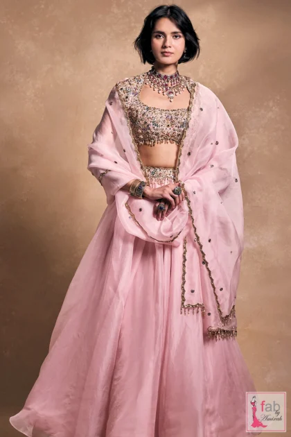 FAB By AMIRAH 10 Baby pink organza lehenga with hand embroidered blouse and dupatta