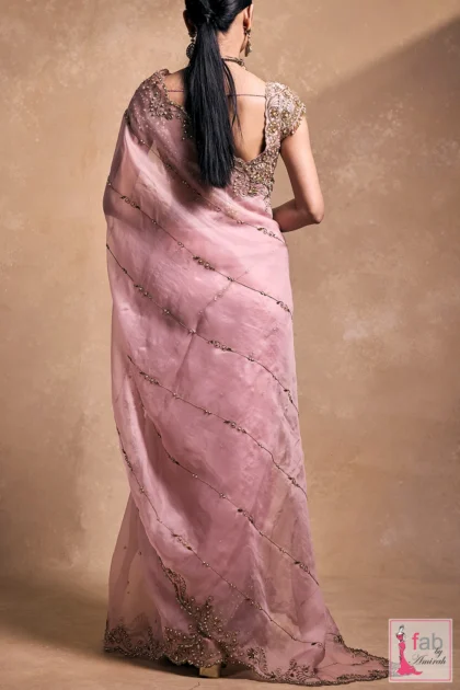 Back view of blush pink organza saree showing blouse back and drape texture.