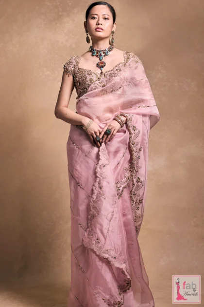 Full front view of blush designer pink organza saree with embroidered scalloped border.