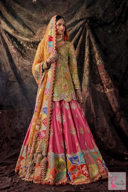 FAB By AMIRAH 8 Full length view of a bride wearing a vintage bridal lehenga with green kurti
