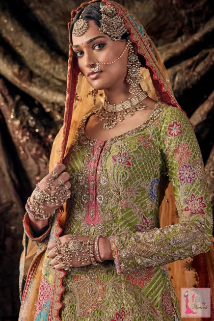FAB By AMIRAH 9 Seated portrait highlighting the full multi-colored chatta-patti border and fuchsia skirt flare