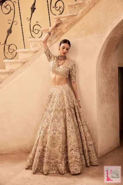 FAB By AMIRAH 10 Champagne raw silk bridal lehenga with mirror zardozi embellishment