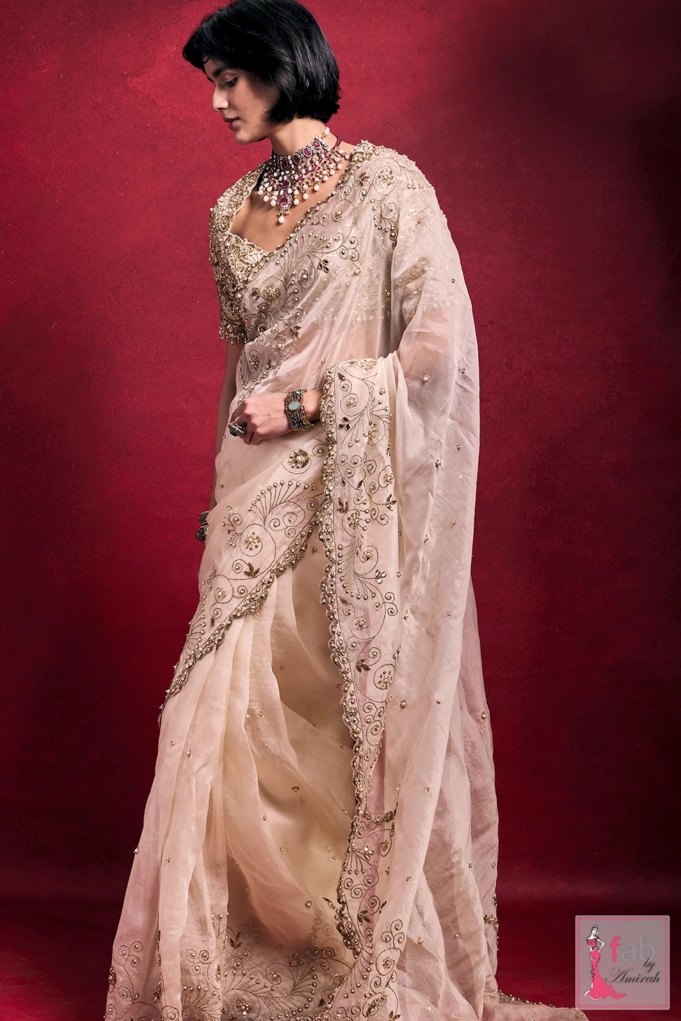 Standing full view showing scalloped embroidered saree border Standing full view showing scalloped embroidered saree border