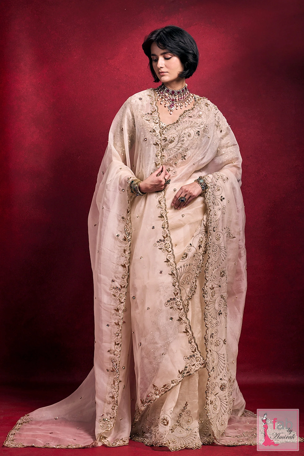 Hand Embroidered Cream Organza Saree Set 1 cream organza saree set with hand embroidery