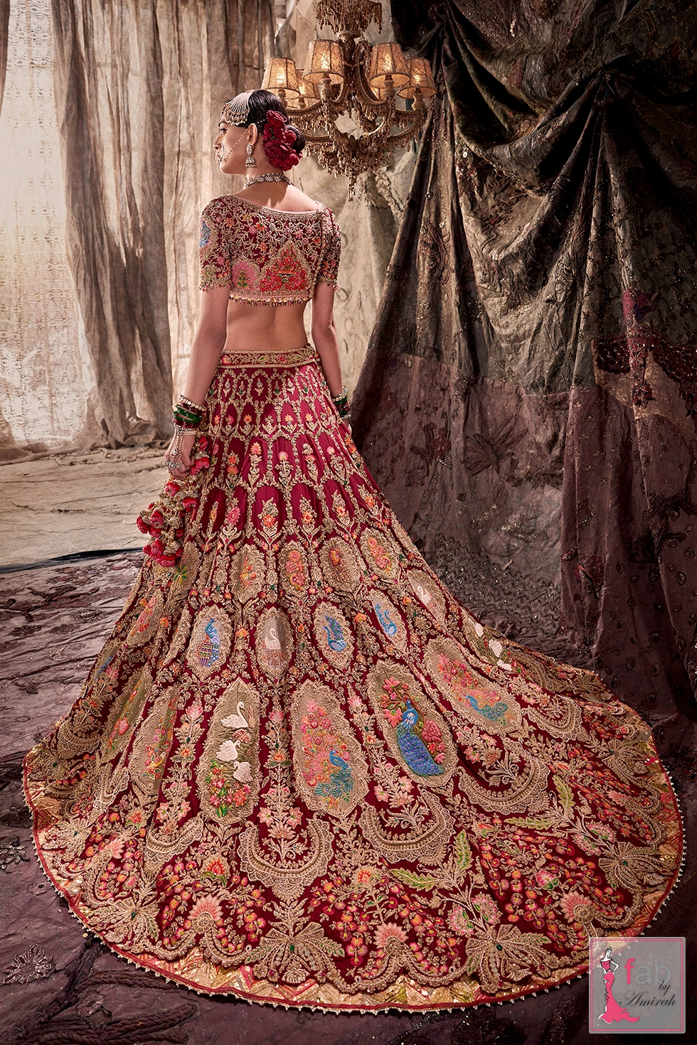 Rear angle showing the wide skirt flare and intricate back embroidery