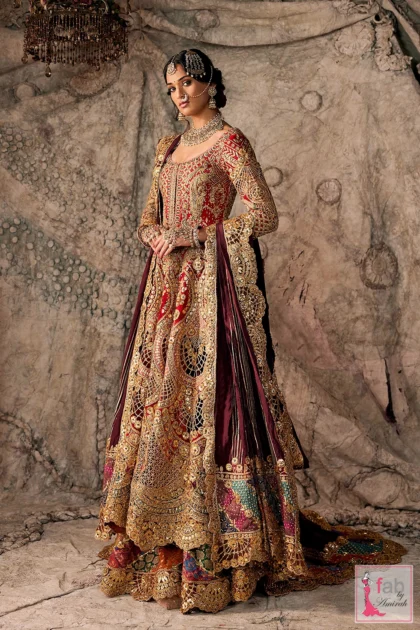 FAB By AMIRAH 4 Deep red bridal pishwas set with gold cutwork embroidery and velvet lehenga