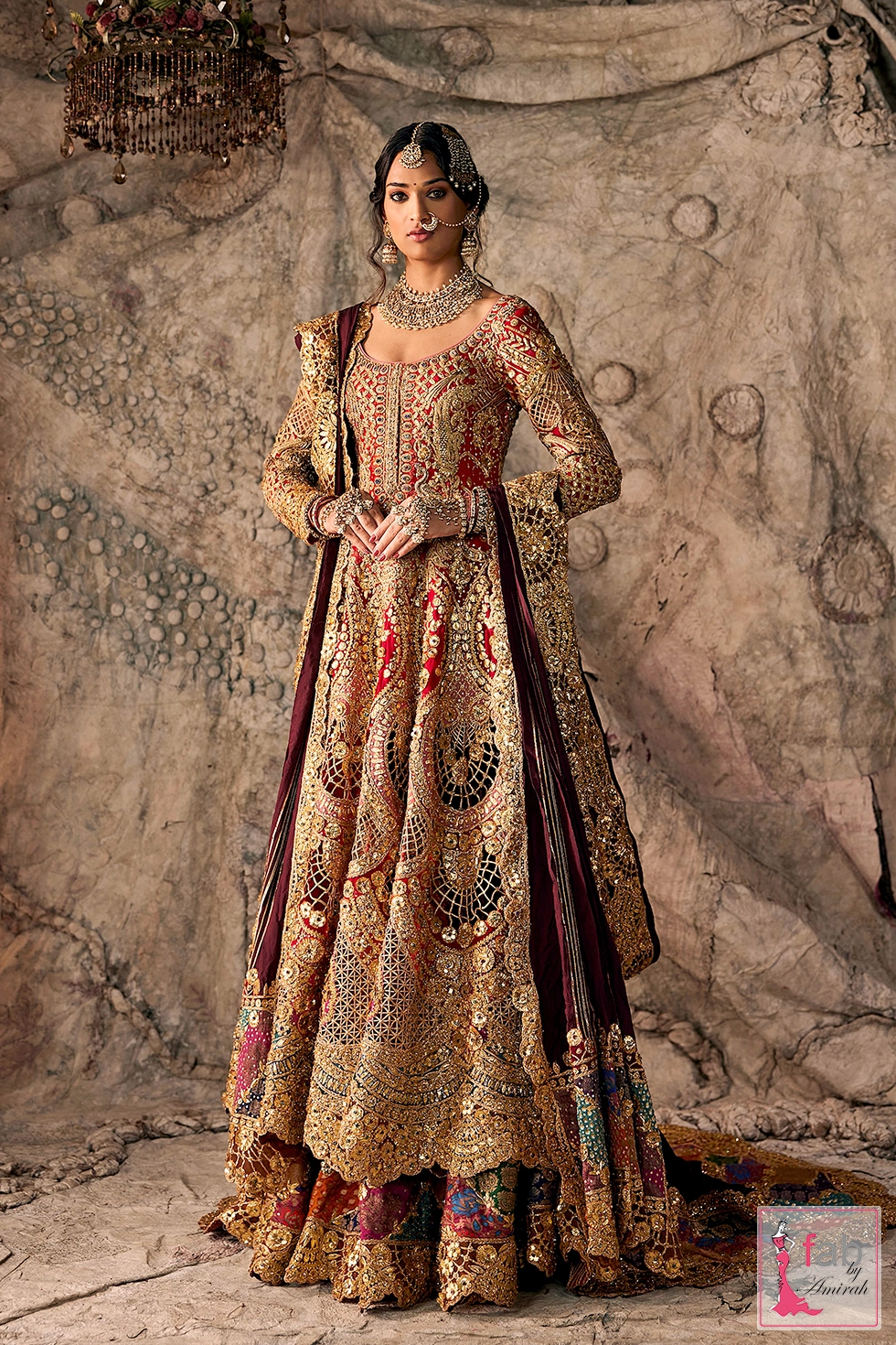 Full length view of red kalidar over maroon farshi lehenga