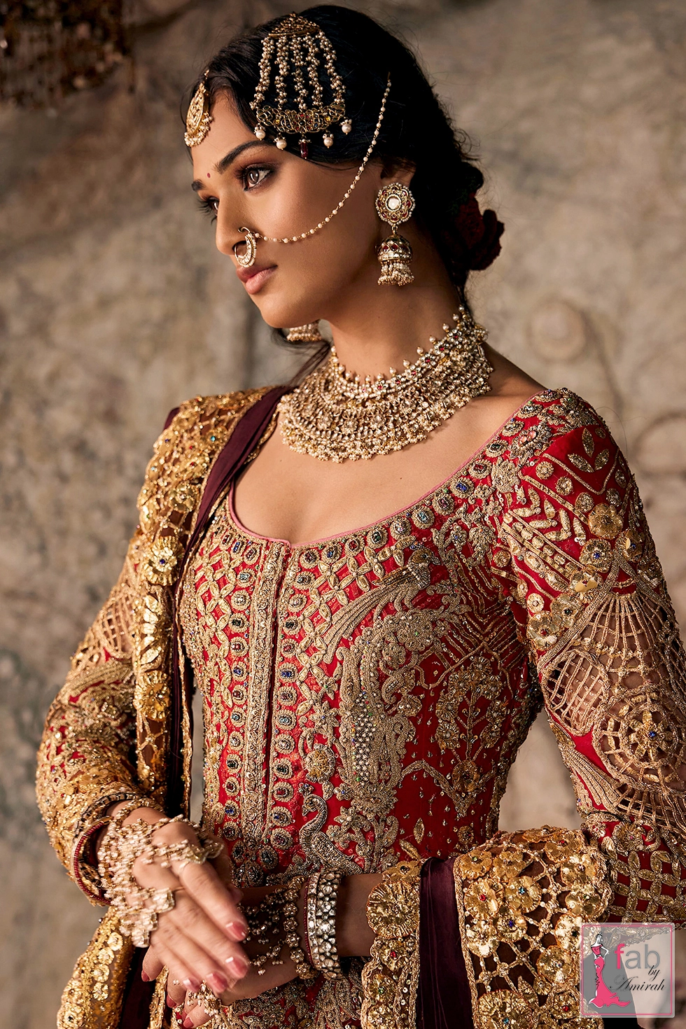 Close up of hand embroidered bodice and jewel neckline