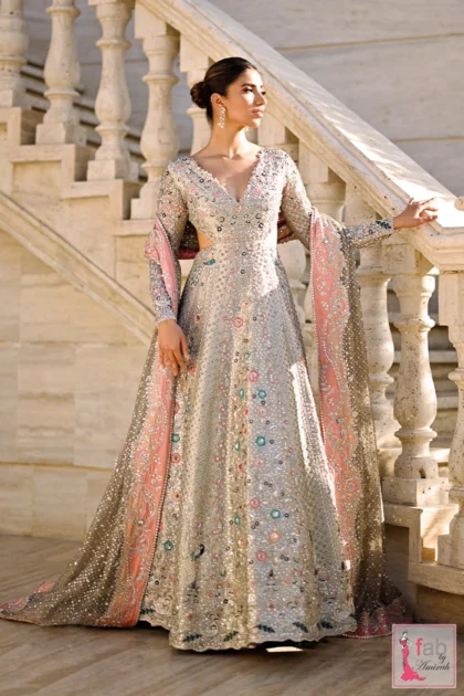 FAB By AMIRAH 6 Pastel hand embroidered bridal dress in icy platinum tissue with plunging neckline