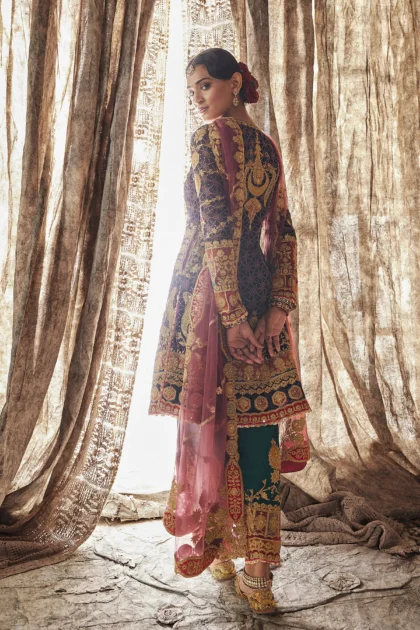 Back view of designer party wear dress showing detailed gold embroidery on neck panel and green salwar legs