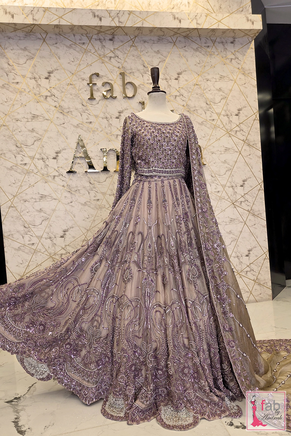 Full view of custom mauve bridal gown displaying complete dupatta drape