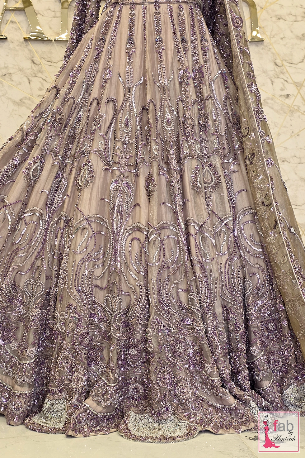 Detailed close up of lower lehenga skirt panel embroidery
