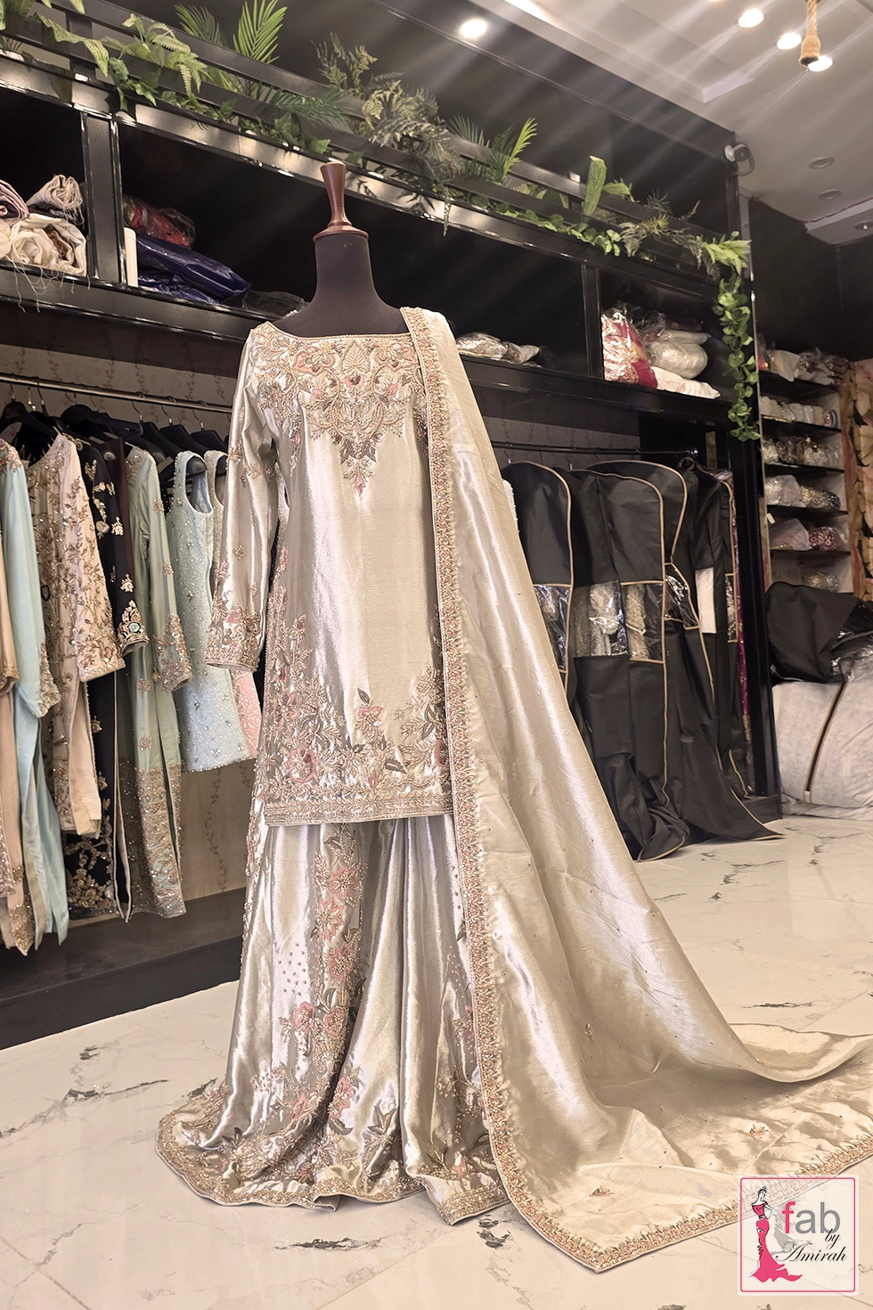 Silver Sharara Suit with Hand Embroidered Details