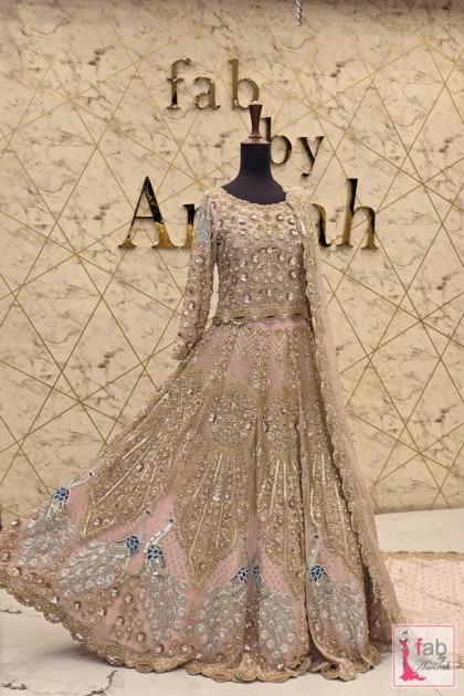 FAB By AMIRAH 6 Full length view of blush pink bridal lehenga with gold embroidery
