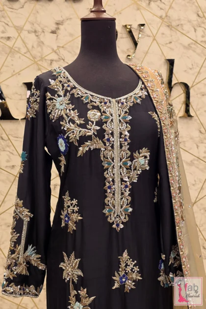 FAB By AMIRAH 4 Black formal wear dress with intricate gold zardozi neck embellishment