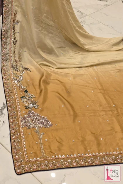 FAB By AMIRAH 5 Detail view of two tone dupatta with handcrafted tree motif and sequin border