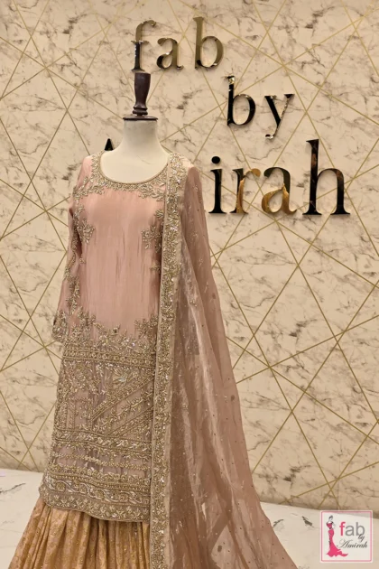 FAB By AMIRAH 5 Three quarter front view showing the full embellishment layout on the long shirt and draped sheer dupatta