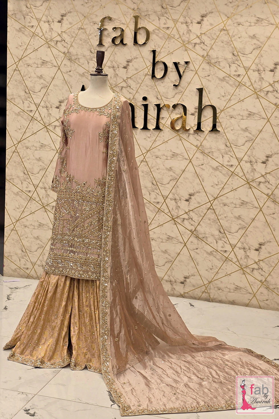 Dusty Pink Bridal Sharara featuring a hand embroidered long shirt and flared brocade sharara bottom