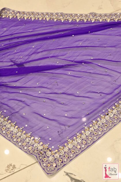 FAB By AMIRAH 5 Sheer purple net dupatta with embellished borders laying flat