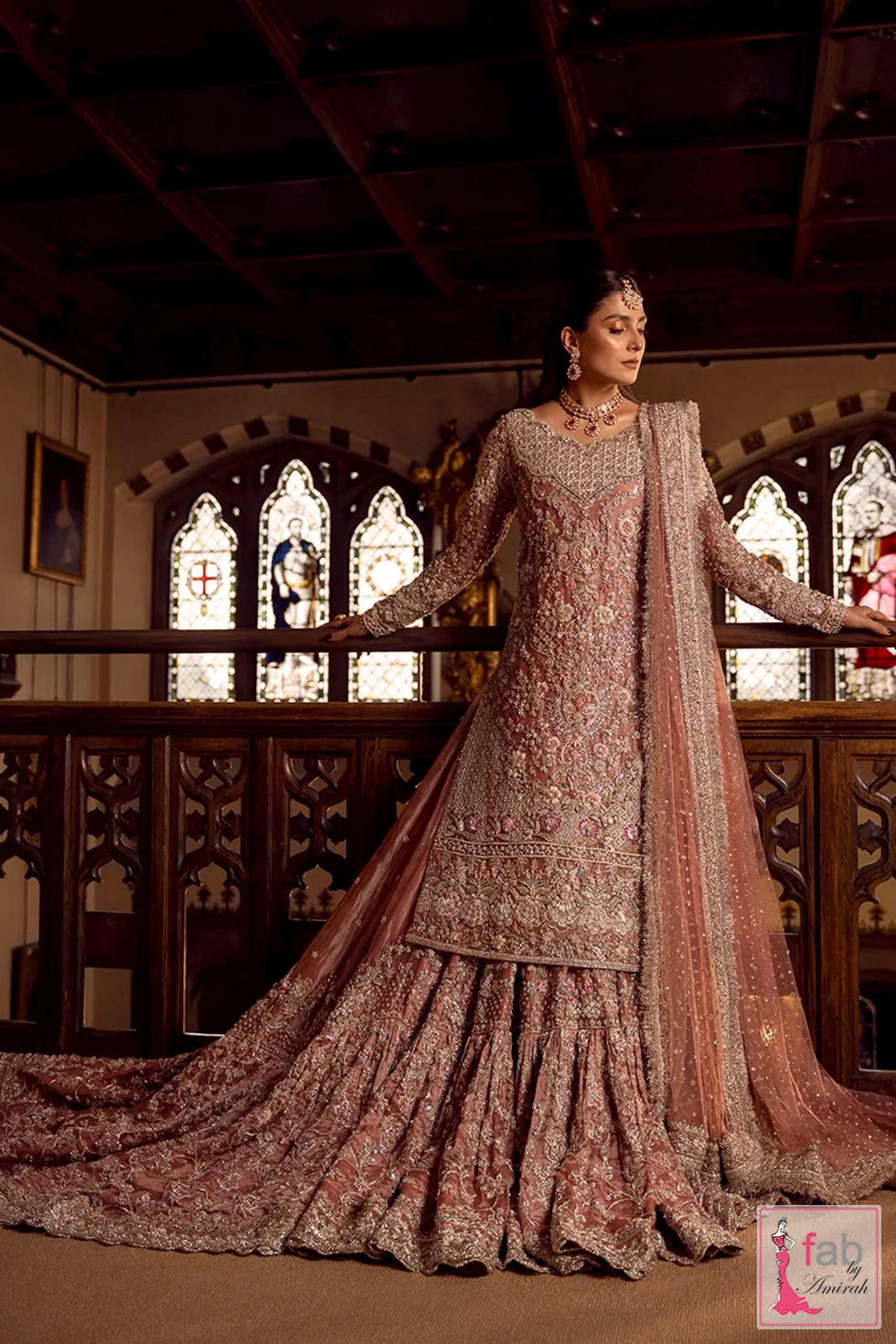 Dusty rose bridal gharara with short shirt and intricate embroidery
