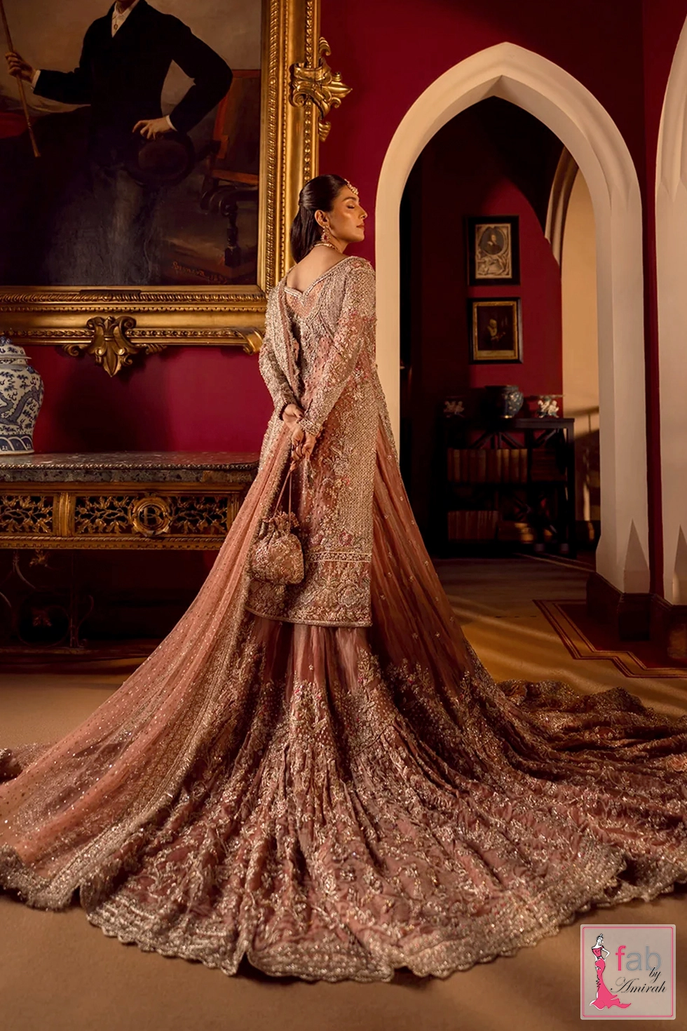 Back view showing the sweeping extended train of the bridal gharara