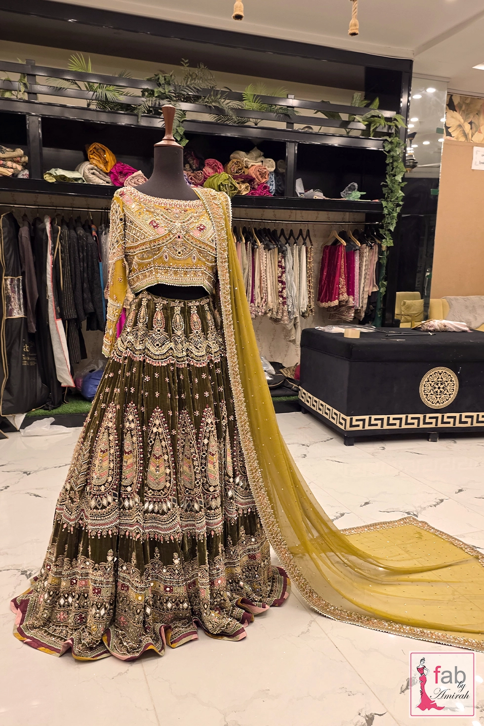 Olive Green Velvet Lehenga with Hand Embroidered Details