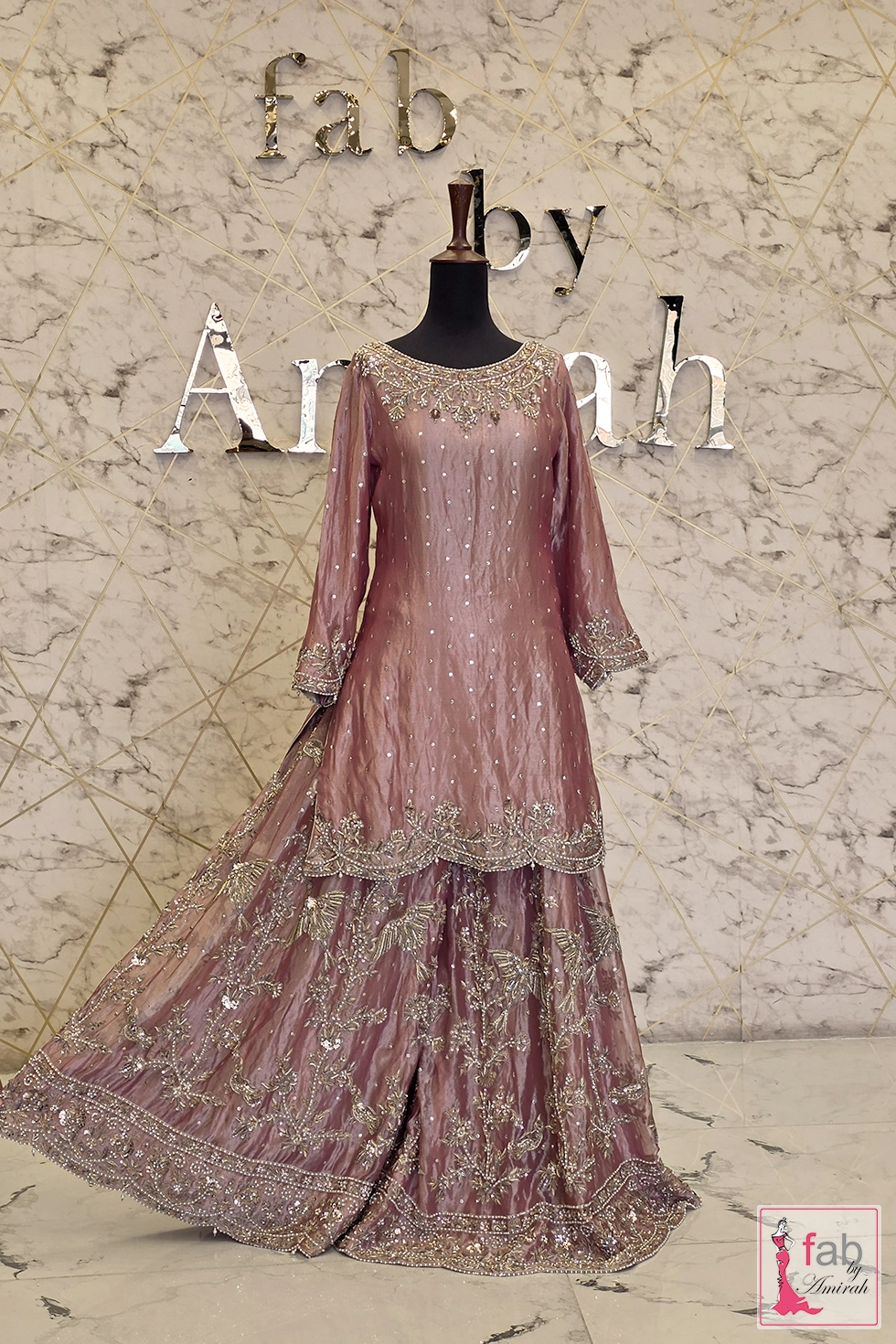Full front view showing embellished dusty pink kameez and flared wide sharara