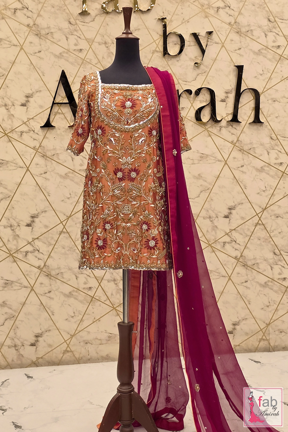 Rust Hand Embroidered Zardozi Short Shirt and Sharara Set 1 Close up of rust bridal shirt and sharara sleeve showing metallic zardozi floral embroidery