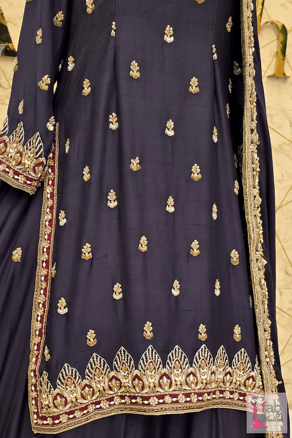 Close up of the embroidered kurti body and side slit borders
