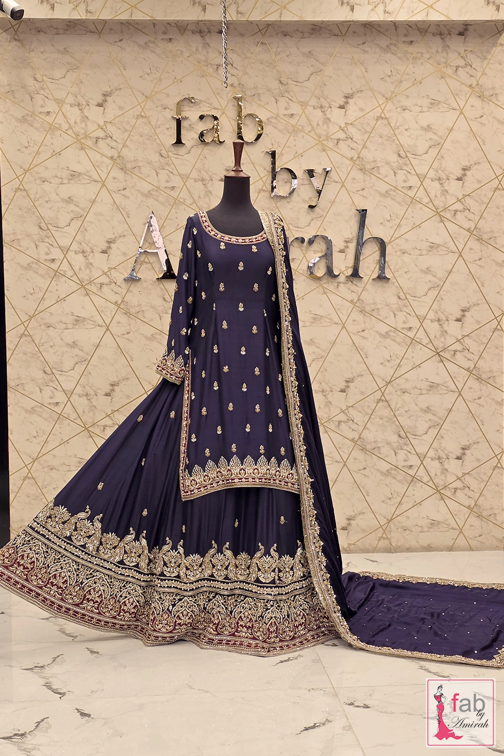 Full length view showing the dramatic dupatta train extension