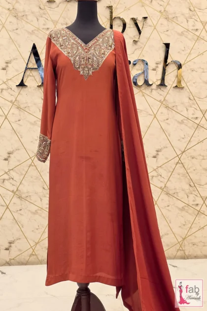 FAB By AMIRAH 7 Full length front view of straight rust suit with dupatta