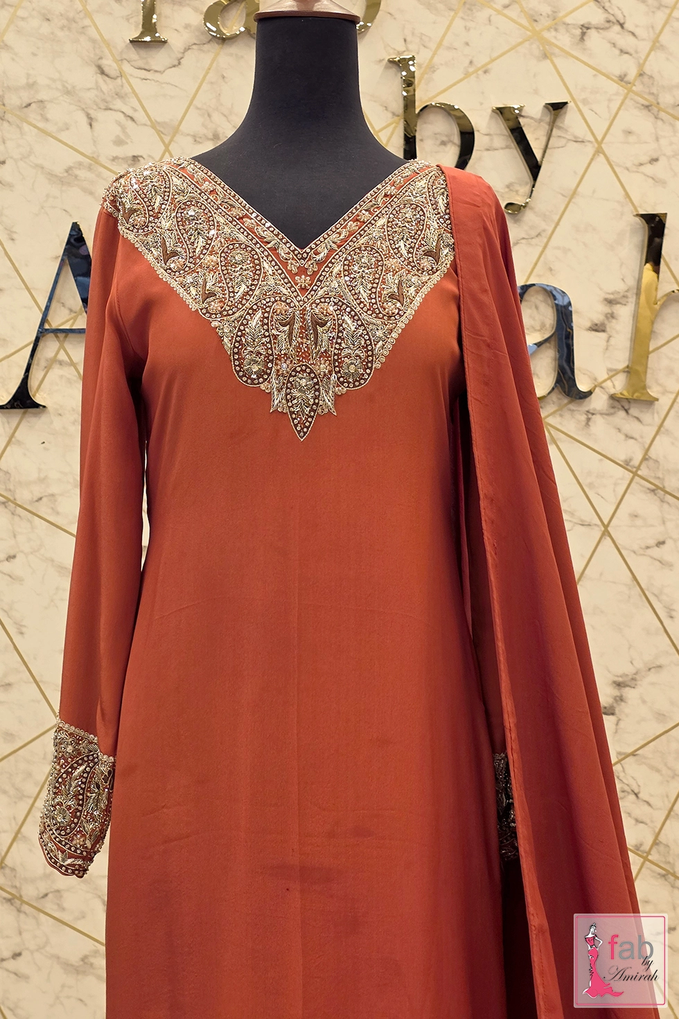 Medium view of rust hand embroidered formal suit