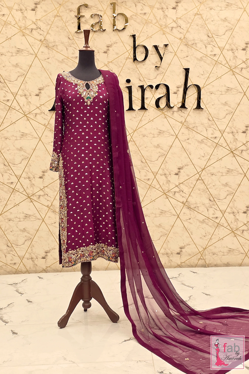 Full ensemble display including matching deep magenta sheer chiffon dupatta