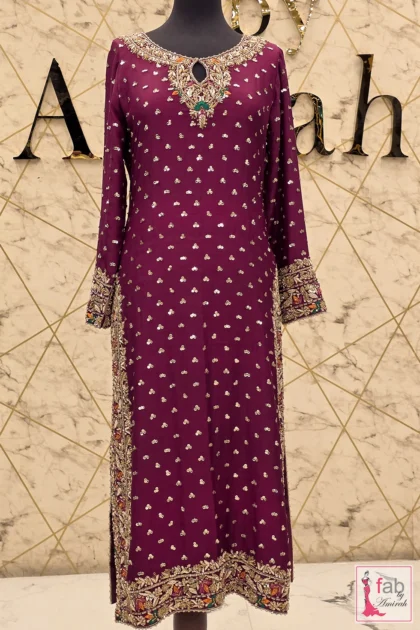 FAB By AMIRAH 4 Full length magenta party wear suit with hand embroidered gold zardozi neckline and border details
