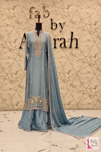 Angle view of the complete outfit on display