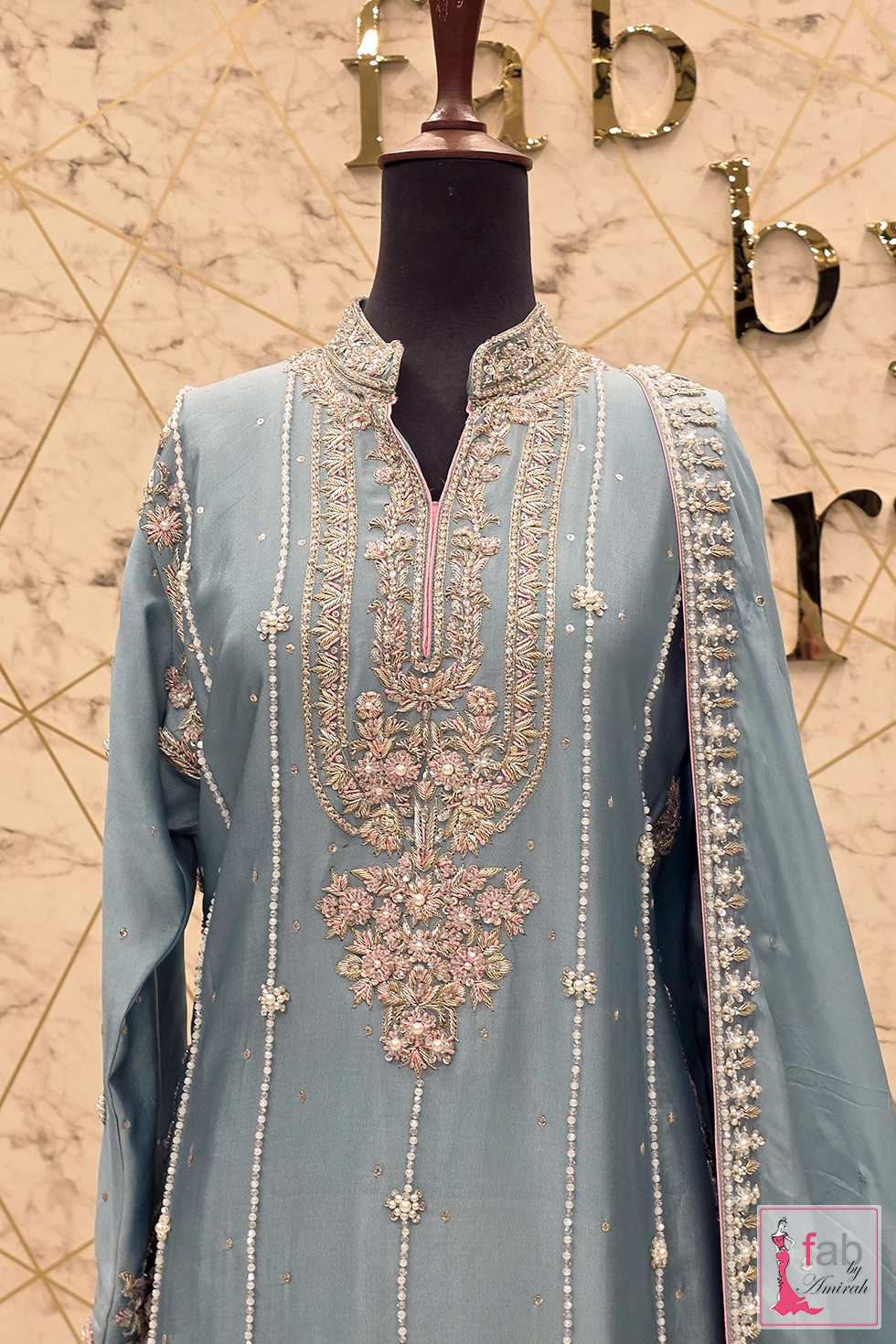 Close up of the collar, neckline zardozi work, and pearl lines