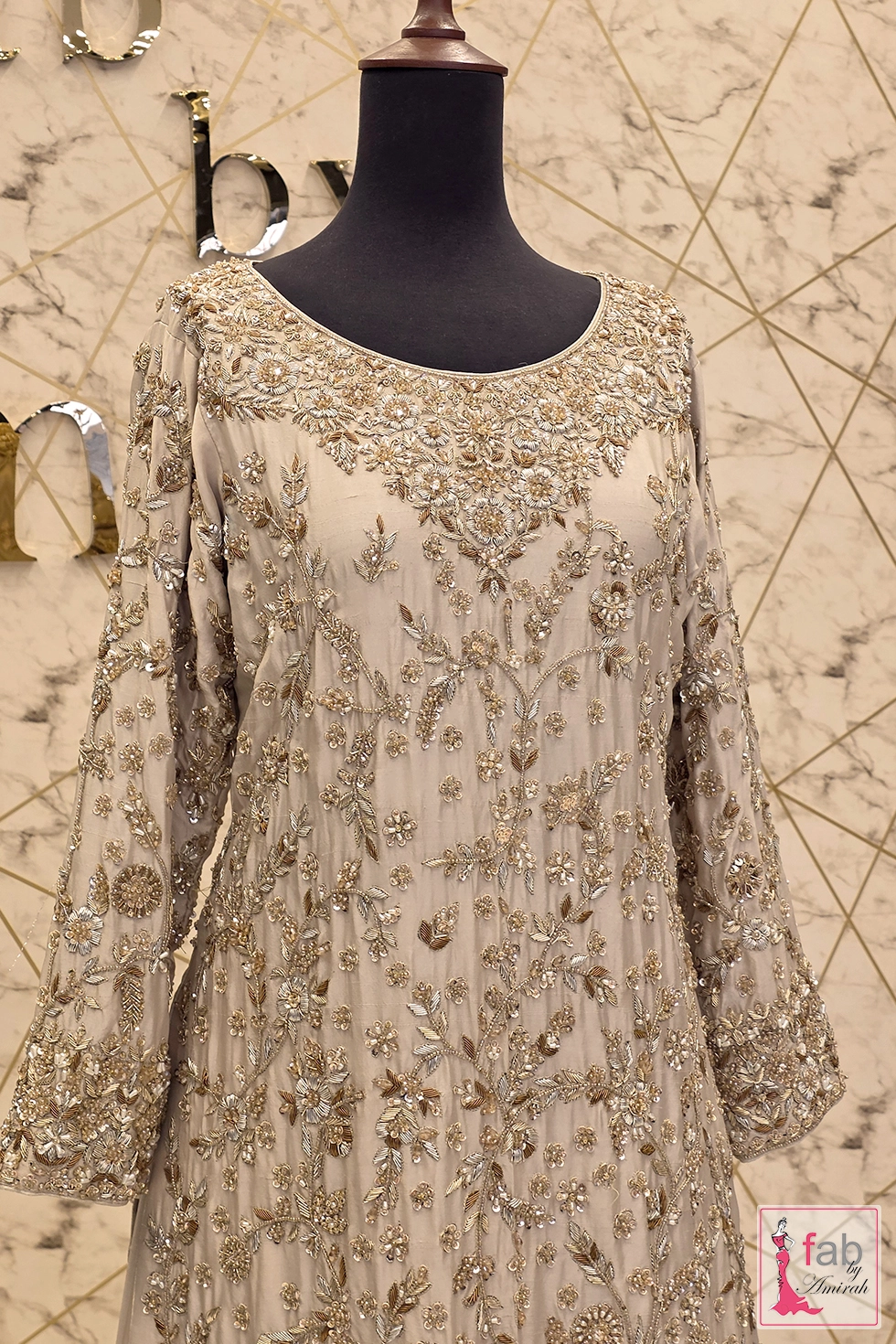 Full front angle of long sleeve embroidered bridal dress
