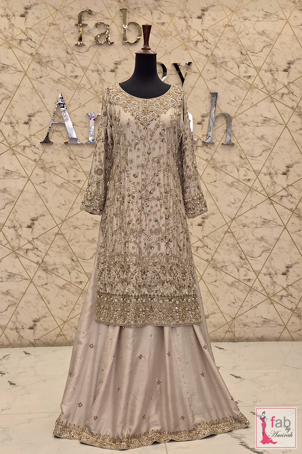 Champagne gold pakistani bridal gharara with trailing dupatta