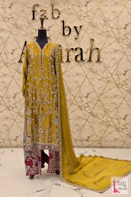 FAB By AMIRAH 4 yellow sharara dress with intricate hand embroidery and maroon borders