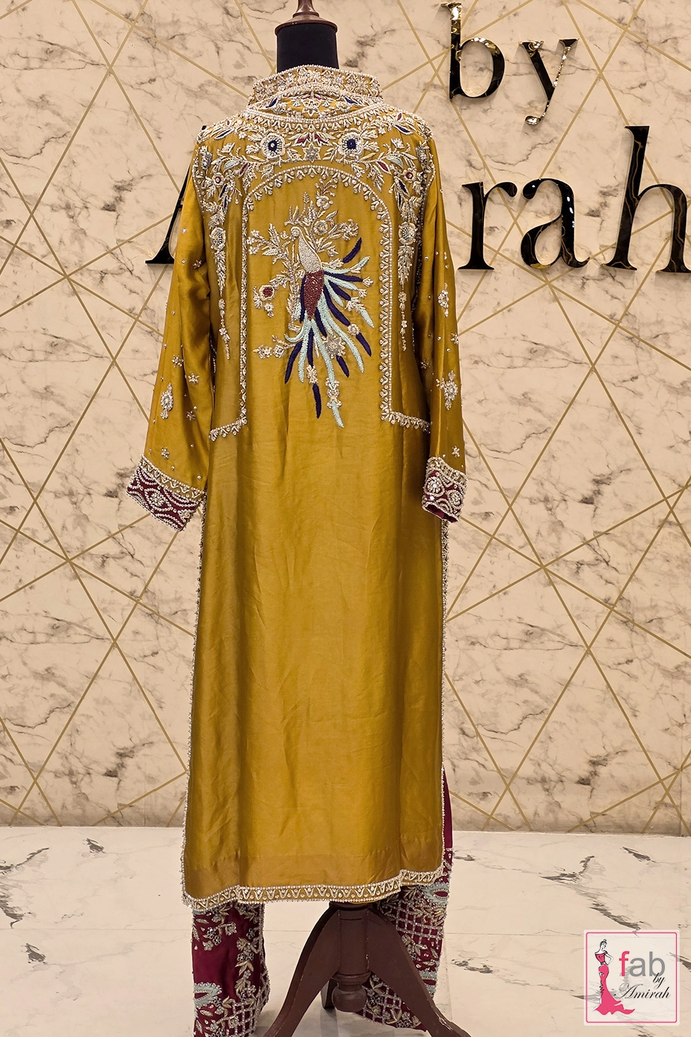 Dress 109 - 2 (convert.io) Mustard Yellow Sharara Dress in Silk with Hand Embroidered Peacock Detail