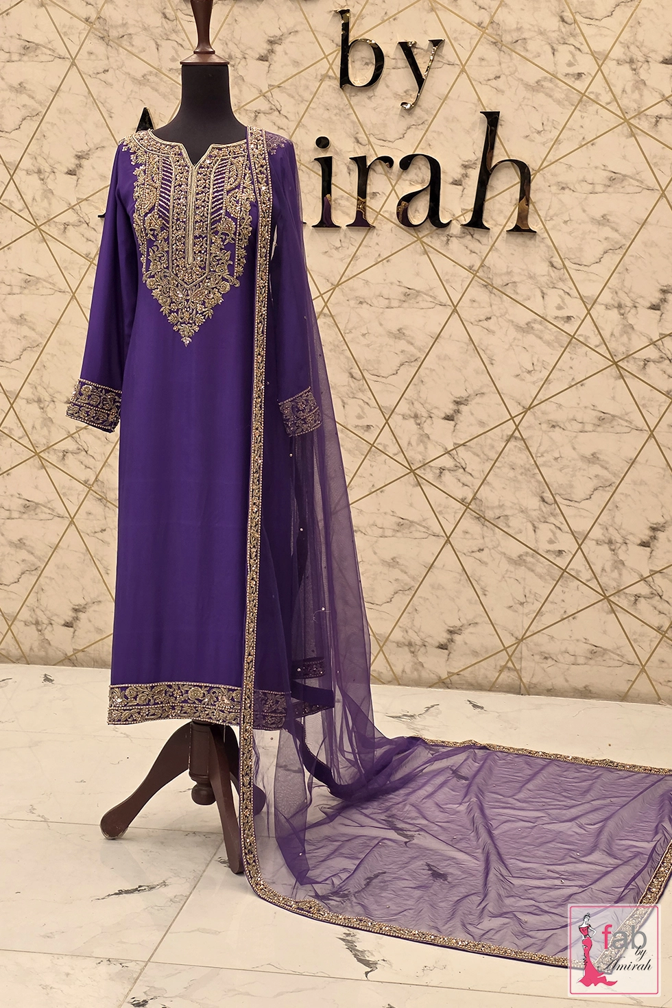 Purple Hand Embroidered Suit in Fine Raw Silk with Zardozi Work 1 Full length purple hand embroidered suit in raw silk with draped net dupatta