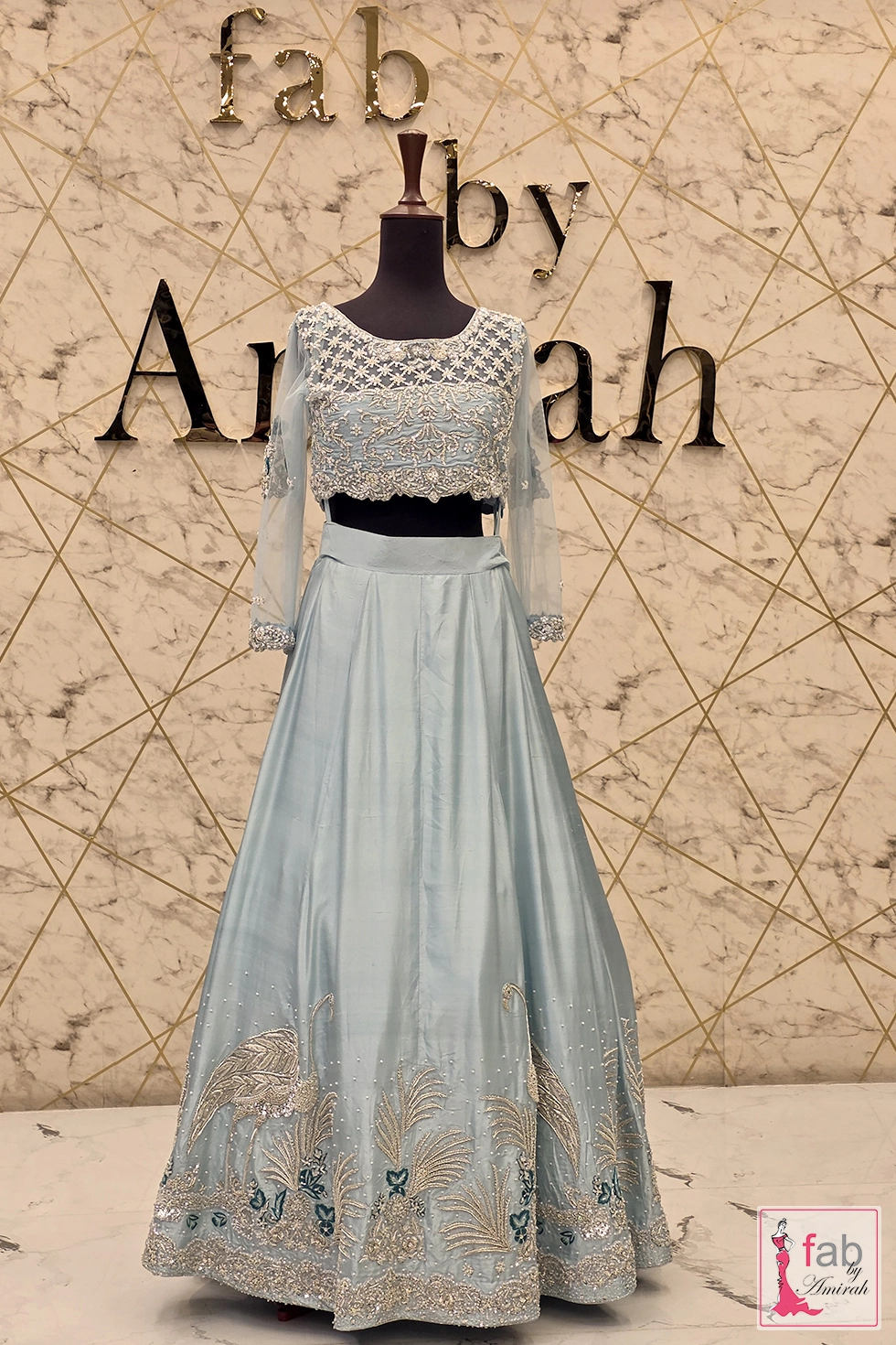Front view of the complete ice blue bridal ensemble set