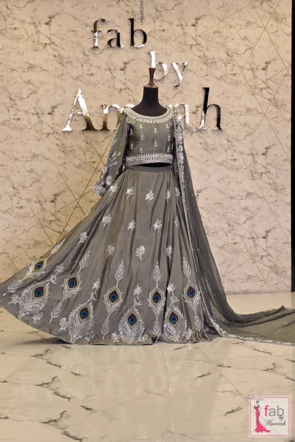 Wide angle view showing the flared skirt flare and dupatta drape.