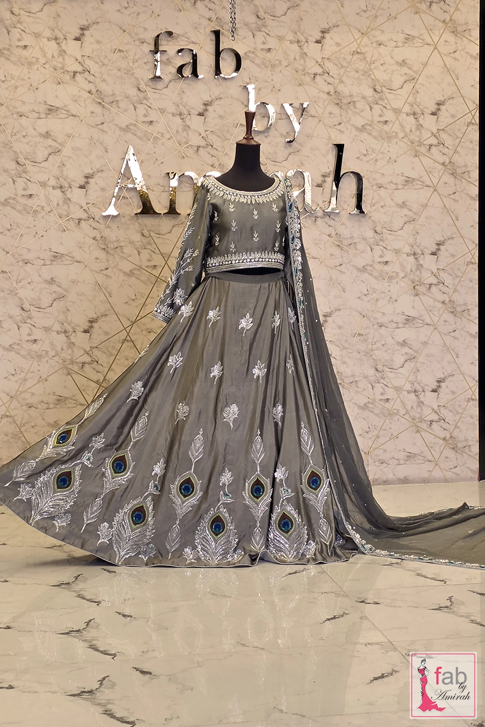Wide angle view showing the flared skirt flare and dupatta drape.